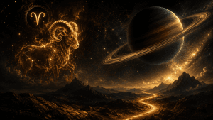 Koç Burcu Satürn Sade Sati dönemini temsil eden Vedik astroloji görseli. Koç burcu, Satürn transiti ve 7,5 yıllık karmik dönüşüm süreci.