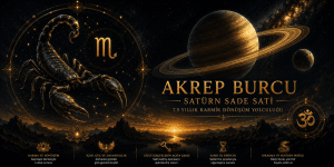 Akrep Burcu Satürn Sade Sati sürecini simgeleyen Vedik astroloji görseli. Akrep sembolü, Satürn gezegeni ve karmasal dönüşümü temsil eden mistik hero görseli.