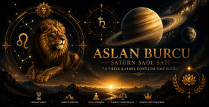 Aslan Burcu Satürn Sade Sati sürecini temsil eden Vedik astroloji görseli. Aslan burcu sembolü, Satürn gezegeni ve karmasal dönüşümü simgeleyen mistik tasarım.