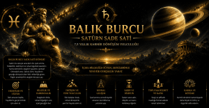 Balık Burcu Satürn Sade Sati dönemini simgeleyen Vedik astroloji temalı Satürn, Balık burcu sembolü ve karmik dönüşüm görseli.