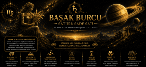 Başak Burcu Satürn Sade Sati dönemini simgeleyen Vedik astroloji temalı Satürn, Başak burcu sembolü ve karmik dönüşüm görseli.