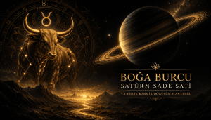Boğa Burcu Satürn Sade Sati dönemini temsil eden Vedik astroloji görseli. Boğa burcu, Satürn transiti ve 7,5 yıllık karmik dönüşüm süreci.