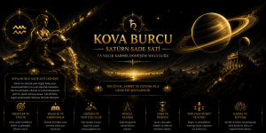 Kova Burcu Satürn Sade Sati dönemini simgeleyen Vedik astroloji temalı Satürn, Kova burcu sembolü ve karmik dönüşüm görseli.