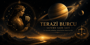 Vedik astrolojide Terazi burcu için Satürn Sade Sati dönemini simgeleyen Satürn gezegeni, Terazi burcu sembolü ve kozmik gökyüzünü gösteren mistik illüstrasyon.