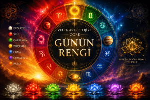 Vedik astrolojiye göre haftanın günleri, gezegen renkleri, burç sembolleri ve enerji frekanslarını gösteren mistik renk çarkı.