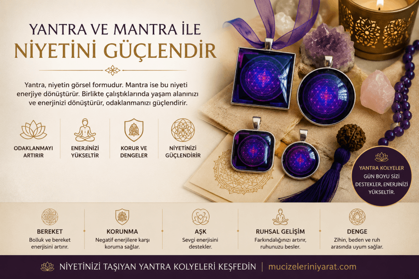 Yantra ve mantra enerjisini anlatan spiritüel yantra kolyeleri, bereket, korunma, aşk ve ruhsal denge çalışmaları için kullanılan mor frekanslı yantra takıları
