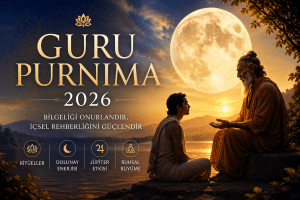 Guru Purnima 2026 dolunayı, Vedik astrolojide bilgelik, Jüpiter enerjisi ve ruhsal büyümeyi simgeleyen öğretmen ve öğrenci görseli.