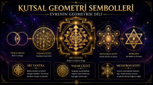 Kutsal geometri sembolleri arasında Sri Yantra, Yaşam Çiçeği, Metatron Küpü, Merkaba ve Vesica Piscis'i gösteren görsel