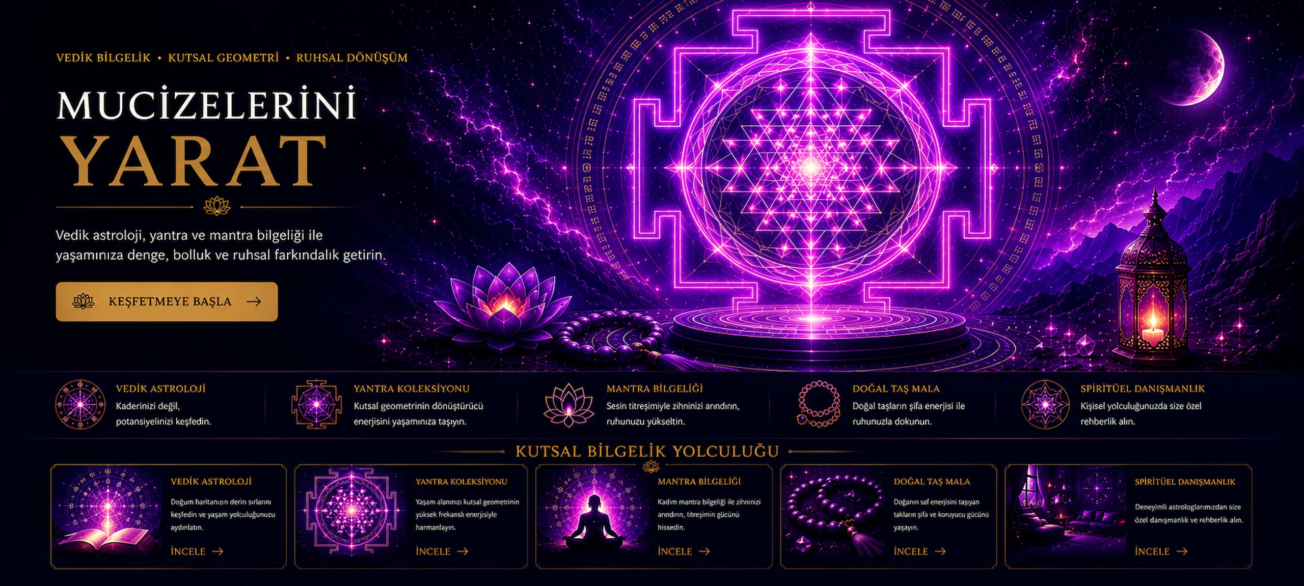 Mucizelerini Yarat | Vedik Astroloji ve Sri Yantra Bilgeliği Vedik astroloji, Sri Yantra, mantra ve spiritüel dönüşüm temalı Mucizelerini Yarat ana sayfa görseli