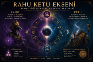 Rahu Ketu Ekseni, karmik düğümler, burç eksenleri ve Vedik astrolojide Rahu Ketu etkilerini gösteren yantra temalı görsel