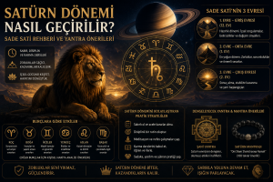 Satürn dönemi nasıl geçirilir, Sade Sati evreleri, Satürn etkileri ve Sani Yantra rehberini gösteren Vedik astroloji görseli