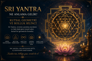 Sri Yantra kutsal geometrisi, bolluk bilinci, ruhsal farkındalık ve evrensel enerji dengesini temsil eden Vedik sembol