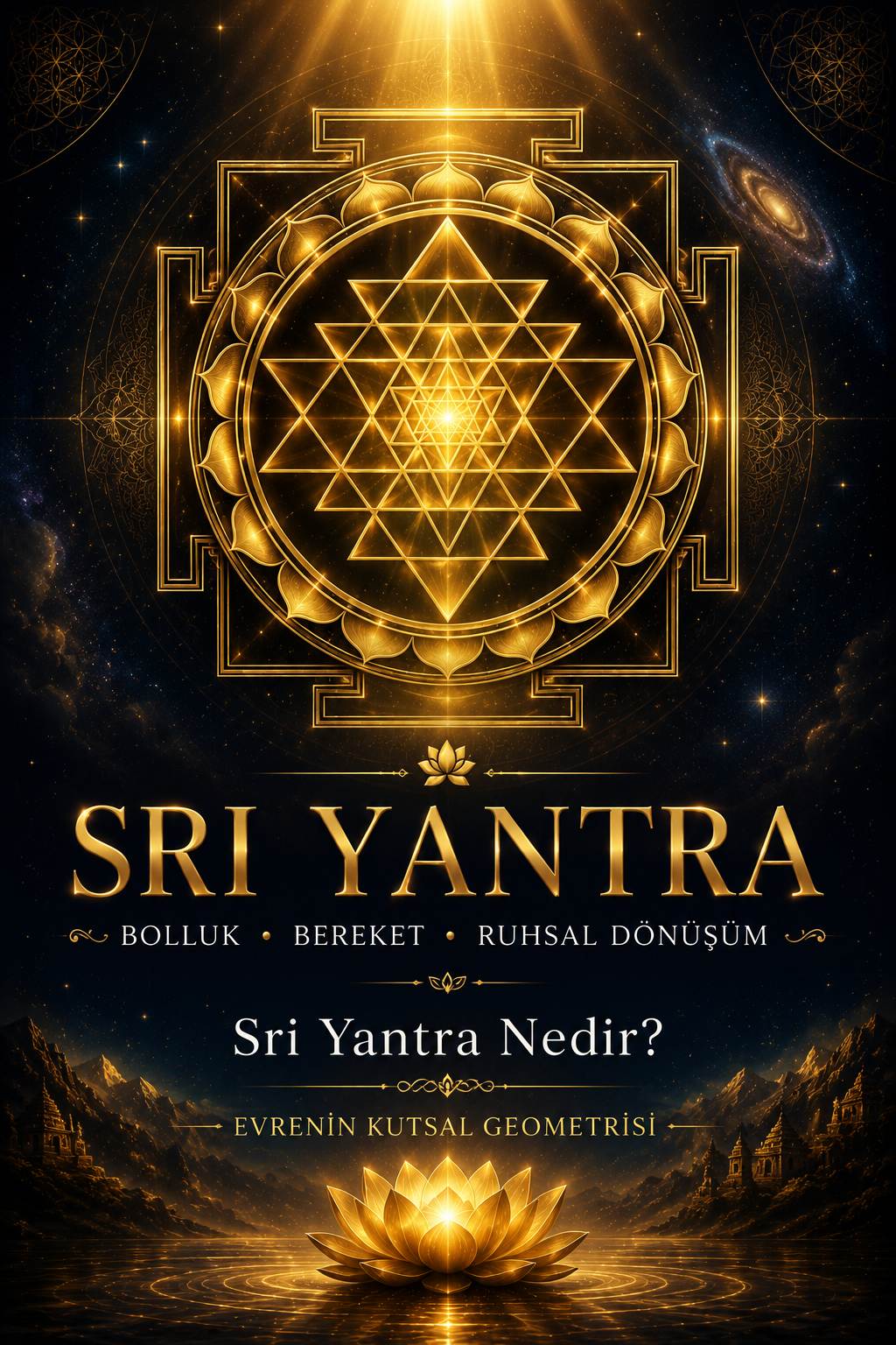 Sri Yantra Nedir? Bolluk ve Bereketin Kutsal Geometrisi Sri Yantra kutsal geometrisi ile bolluk, bereket ve ruhsal dönüşümü simgeleyen altın yantra tasarımı