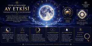 Vedik astrolojide Ay (Chandra), zihni, duyguları, sezgileri, hafızayı ve iç dünyayı yönetir. Bu görsel Chandra enerjisini, Yengeç burcu bağlantısını, nakşatralarla ilişkisini, Ay Yantrasını ve zihinsel denge üzerindeki etkilerini açıklamaktadır.