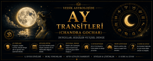 Vedik astrolojide Ay transitleri (Chandra Gochar), duygular, sezgiler, zihinsel denge ve 12 ev üzerindeki etkilerini simgeleyen siyah-altın temalı rehber görseli.