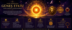 Vedik astrolojide Güneş etkisi, Surya enerjisi, Aslan burcu, Surya Yantra ve özgüven liderlik temalarını gösteren görsel