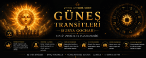 Vedik astrolojide Güneş transitleri (Surya Gochar), statü, liderlik, yaşam enerjisi, otorite ve 12 ev üzerindeki etkilerini simgeleyen siyah-altın temalı rehber görseli.