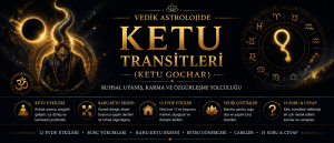 Vedik astrolojide Ketu transitleri (Ketu Gochar), ruhsal uyanış, Rahu-Ketu ekseni ve 12 ev üzerindeki etkilerini simgeleyen siyah-altın temalı rehber görseli.