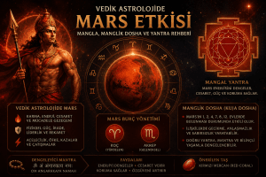 Vedik astrolojide Mars etkisi, Mangala enerjisi, Manglik Dosha, Mars yantrası ve Mars'ın burç yönetimlerini gösteren görsel