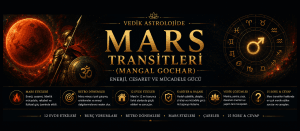 Vedik astrolojide Mars transitleri (Mangal Gochar), enerji, cesaret, mücadele gücü ve 12 ev üzerindeki etkilerini simgeleyen siyah-altın temalı rehber görseli.