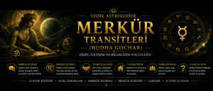 Vedik astrolojide Merkür transitleri (Budha Gochar), iletişim, zihin, eğitim, ticaret ve 12 ev üzerindeki etkilerini simgeleyen siyah-altın temalı rehber görseli.