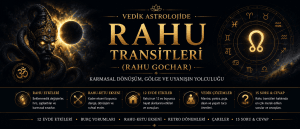 Vedik astrolojide Rahu transitleri (Rahu Gochar), Rahu-Ketu ekseni ve 12 ev üzerindeki etkilerini simgeleyen siyah-altın temalı rehber görseli.