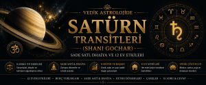 Vedik astrolojide Satürn transitleri (Shani Gochar), Sade Sati ve 12 ev üzerindeki etkilerini simgeleyen siyah-altın temalı rehber görseli.