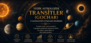 Vedik astrolojide Transitler (Gochar) konusunu temsil eden 9 gezegen, zodyak çemberi ve gezegen geçişlerini gösteren siyah-altın temalı rehber görseli.