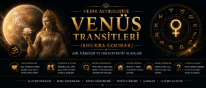 Vedik astrolojide Venüs transitleri (Shukra Gochar), aşk, ilişkiler, estetik, bolluk ve 12 ev üzerindeki etkilerini simgeleyen siyah-altın temalı rehber görseli.